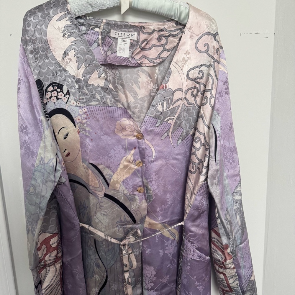 Vintage 100% Silk Kimono Robe Duster w Print japanese dragon geisha XL lavender - Picture 15 of 15